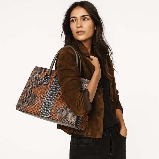 Large Amber Glow Snakeskin Tote Bag, Western Luxury Tote Bag, Brown Leather Tote Bag