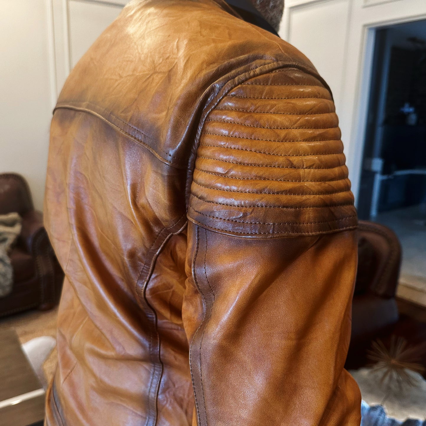 Men's Ovine Leather Jacket, Handmade Lambskin Biker Style with Zipper Pockets – Tan Brown