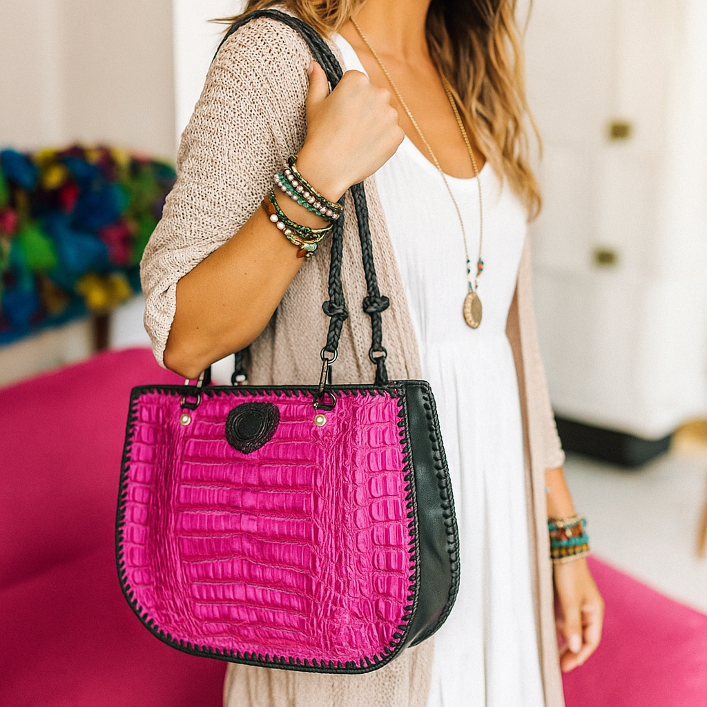 Pink Boho-Chic Alligator Hornback Leather Bag with an Obsidian Heart Stone Accent