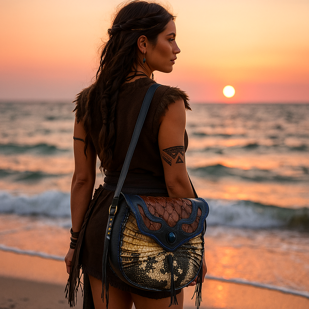 Bohemian Armadillo Shell Bag with Pirarucu Leather, Labradorite Stone, Fringe & Antler Bone
