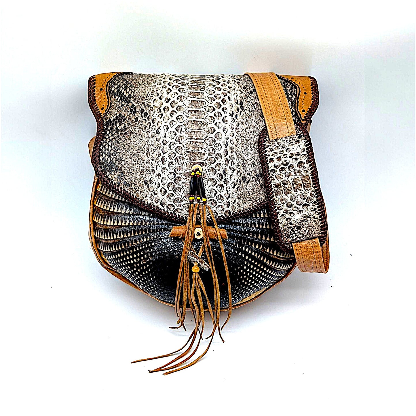 Bohemian Armadillo Shell Crossbody Bag| Snakeskin| Artisan Whipstitch Leather Bag| Antler Bone| Fringe| Southwestern Fashion
