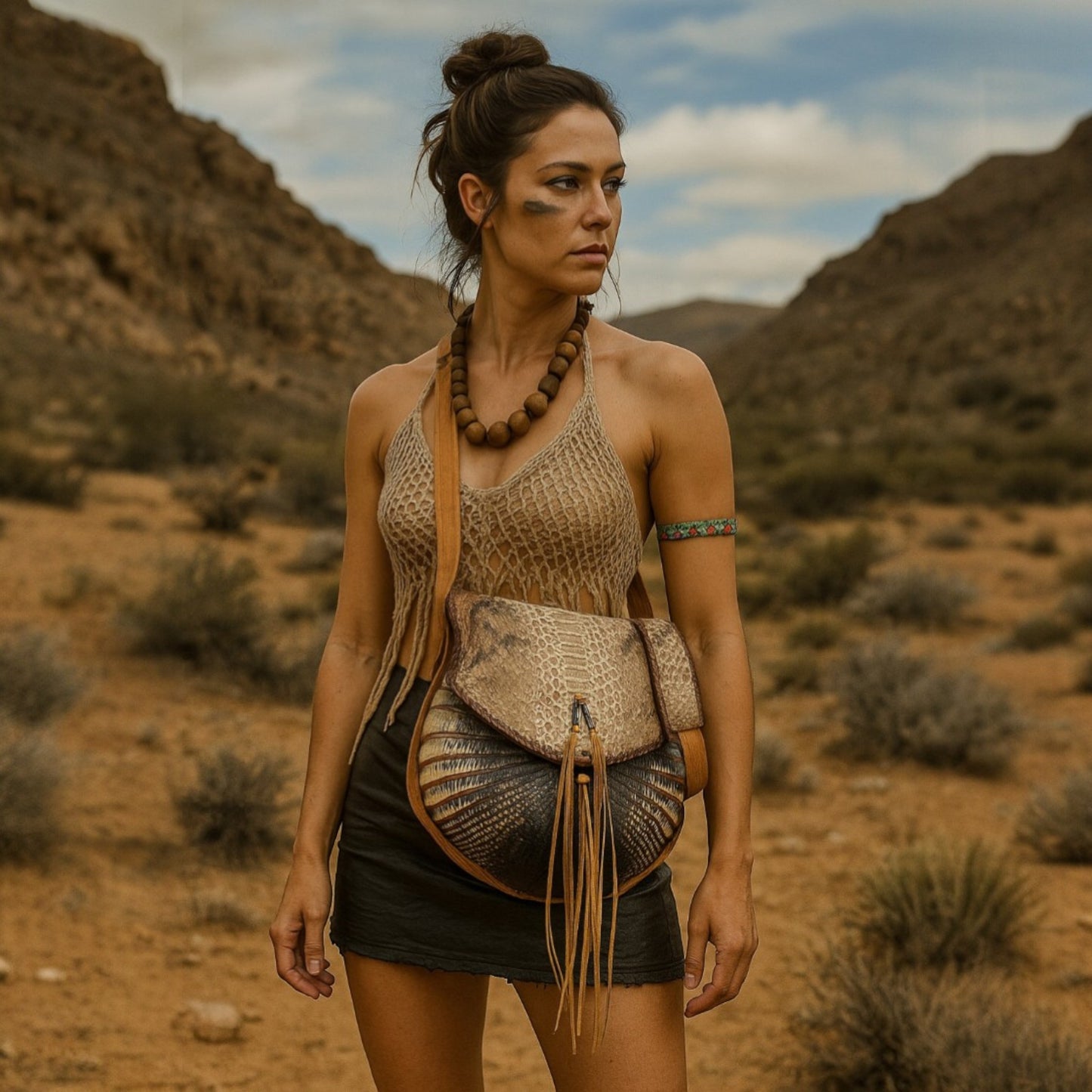 Bohemian Armadillo Shell Crossbody Bag| Snakeskin| Artisan Whipstitch Leather Bag| Antler Bone| Fringe| Southwestern Fashion