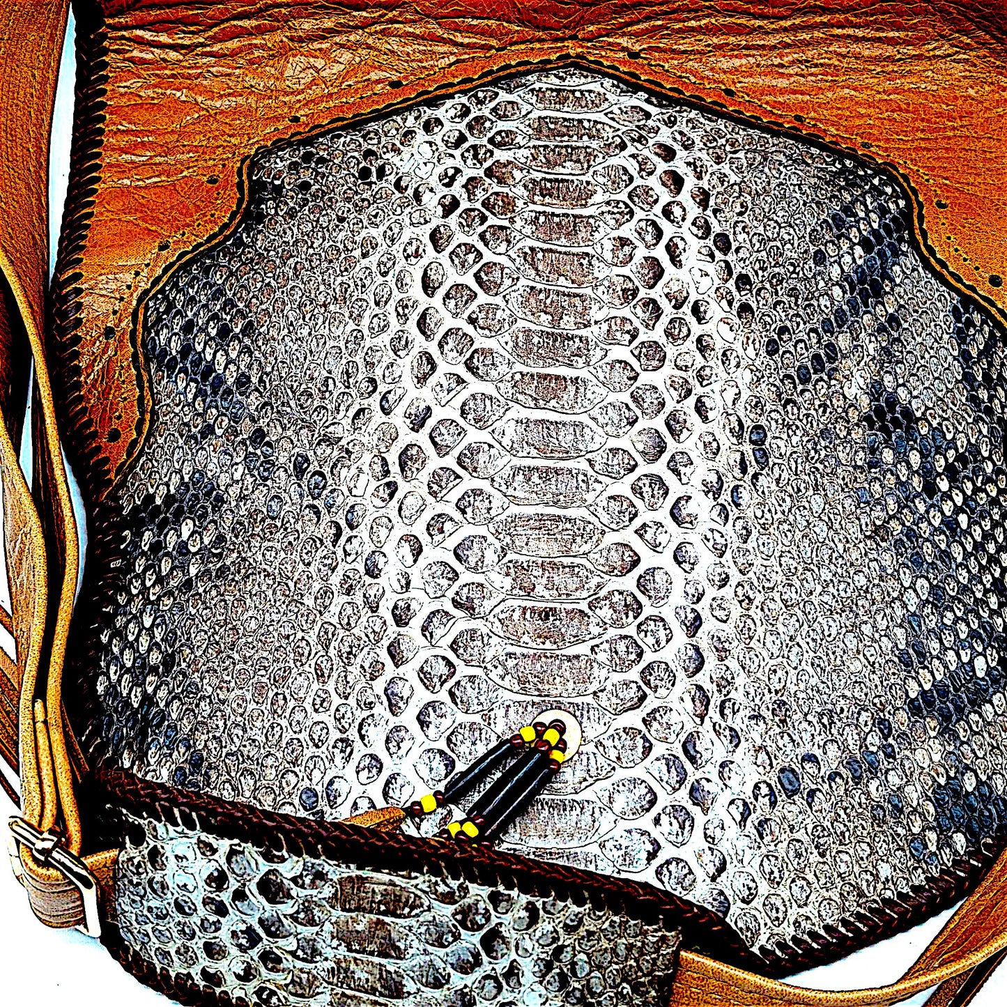 Bohemian Armadillo Shell Crossbody Bag| Snakeskin| Artisan Whipstitch Leather Bag| Antler Bone| Fringe| Southwestern Fashion