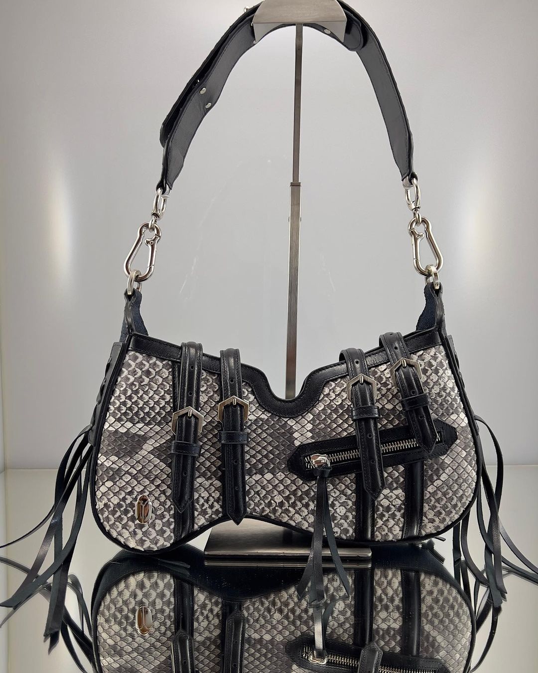 Python Snakeskin Black Saddle Bag with Fringe | Exotic Boho Leather Crossbody