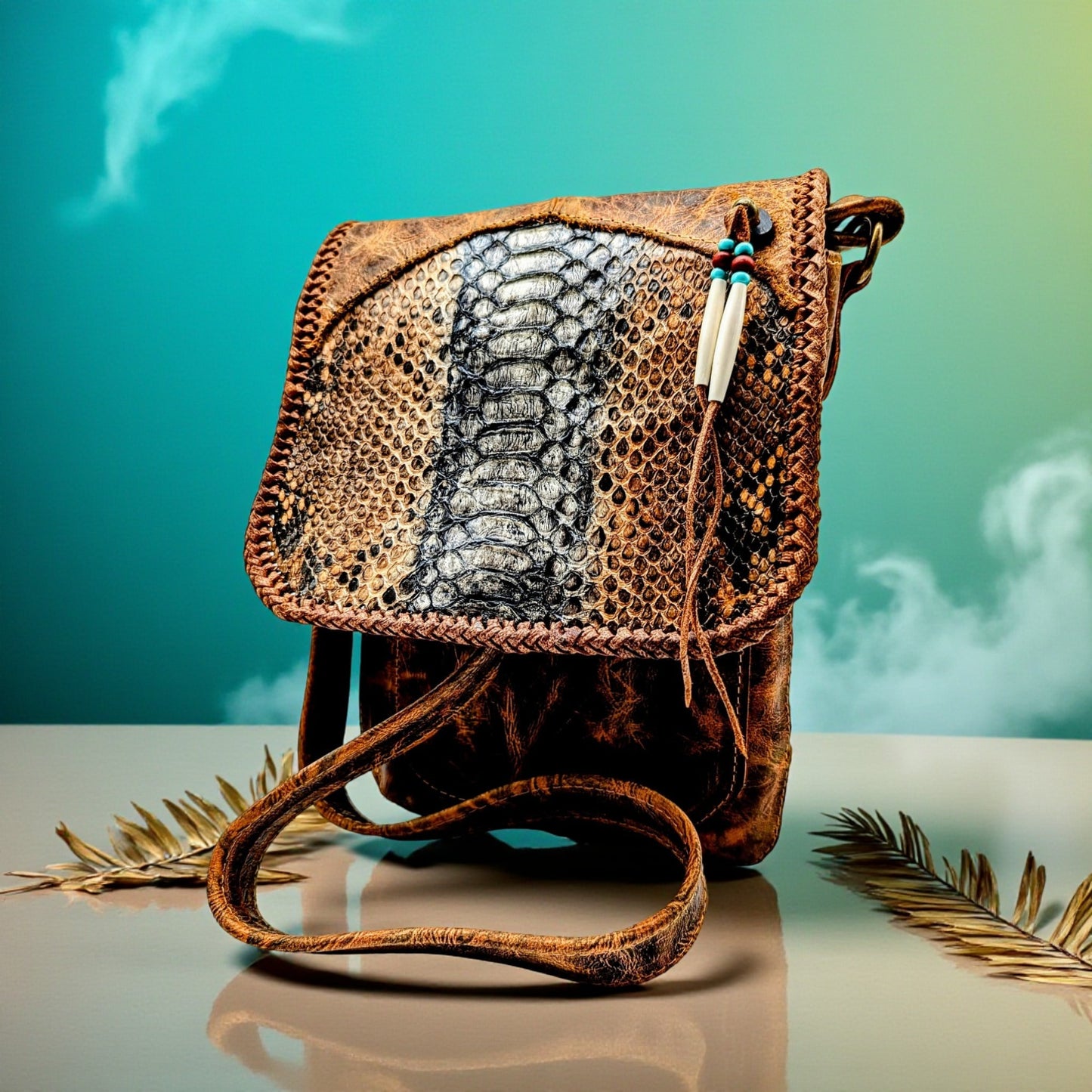 Bohemian Snakeskin Leather Hip Bag with Beaded Tassels
