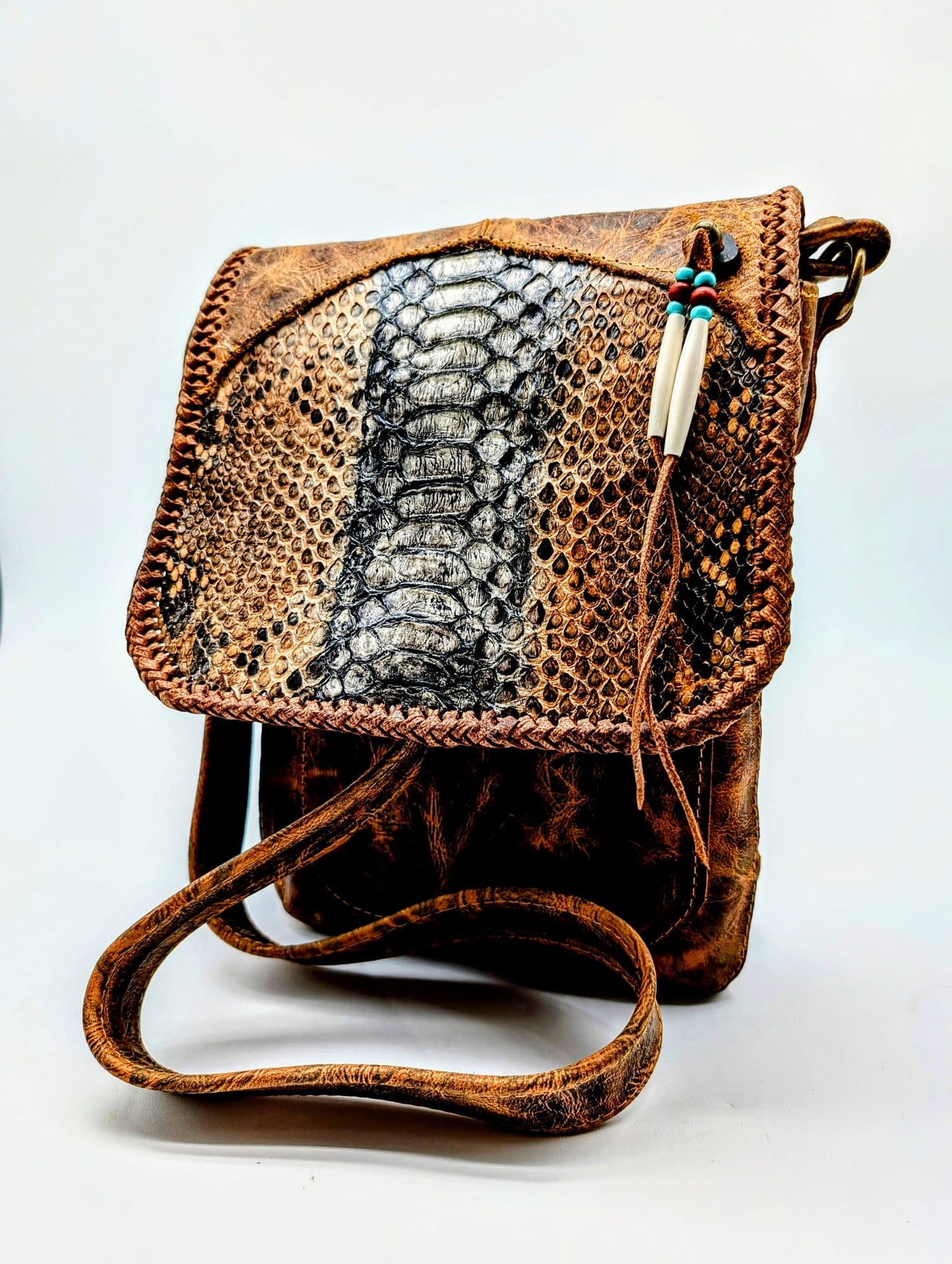 Bohemian Snakeskin Leather Hip Bag with Beaded Tassels