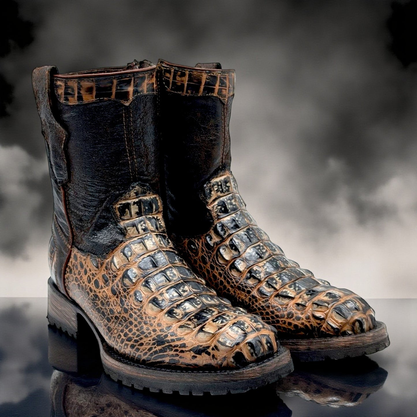 Sobek Leather – Men’s 14 US Genuine Alligator Hornback Cowboy Boots | Dubai Toe | Dark Brown Shaft | Goodyear Welt | Antique Lug Sole