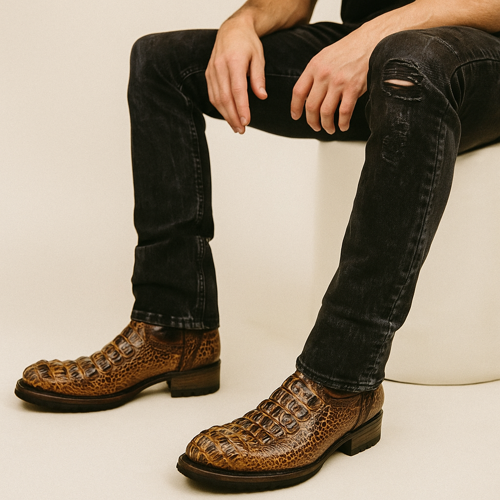 Sobek Leather – Men’s 14 US Genuine Alligator Hornback Cowboy Boots | Dubai Toe | Dark Brown Shaft | Goodyear Welt | Antique Lug Sole