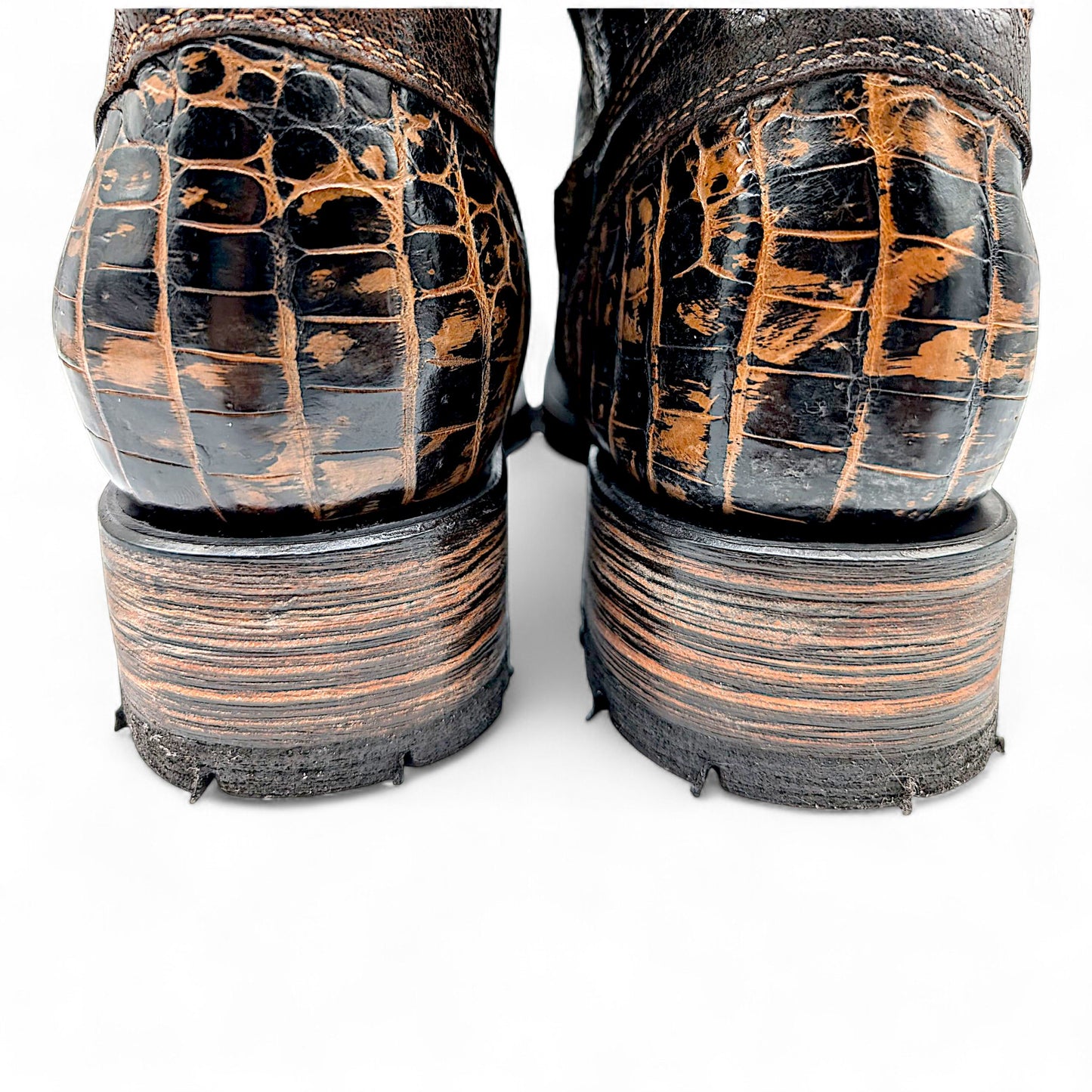 Sobek Leather – Men’s 14 US Genuine Alligator Hornback Cowboy Boots | Dubai Toe | Dark Brown Shaft | Goodyear Welt | Antique Lug Sole
