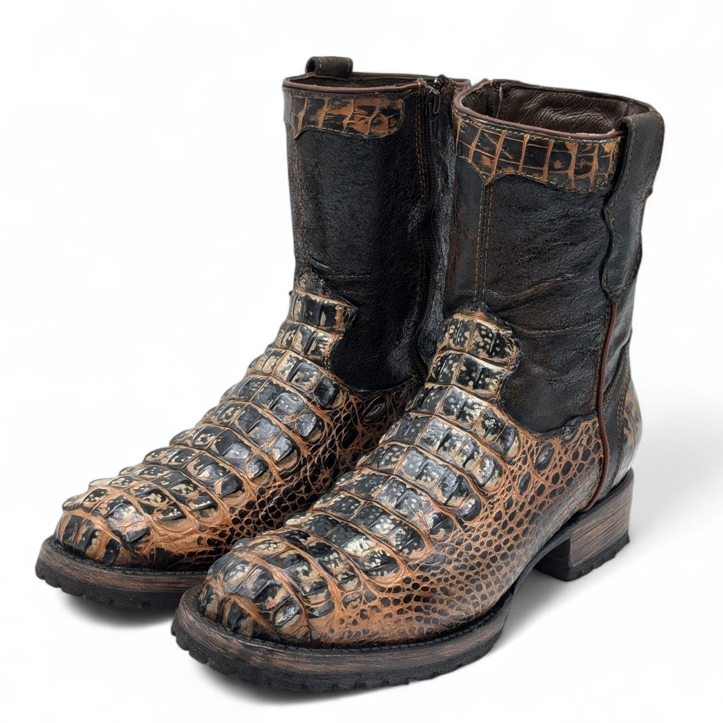 Sobek Leather – Men’s 14 US Genuine Alligator Hornback Cowboy Boots | Dubai Toe | Dark Brown Shaft | Goodyear Welt | Antique Lug Sole