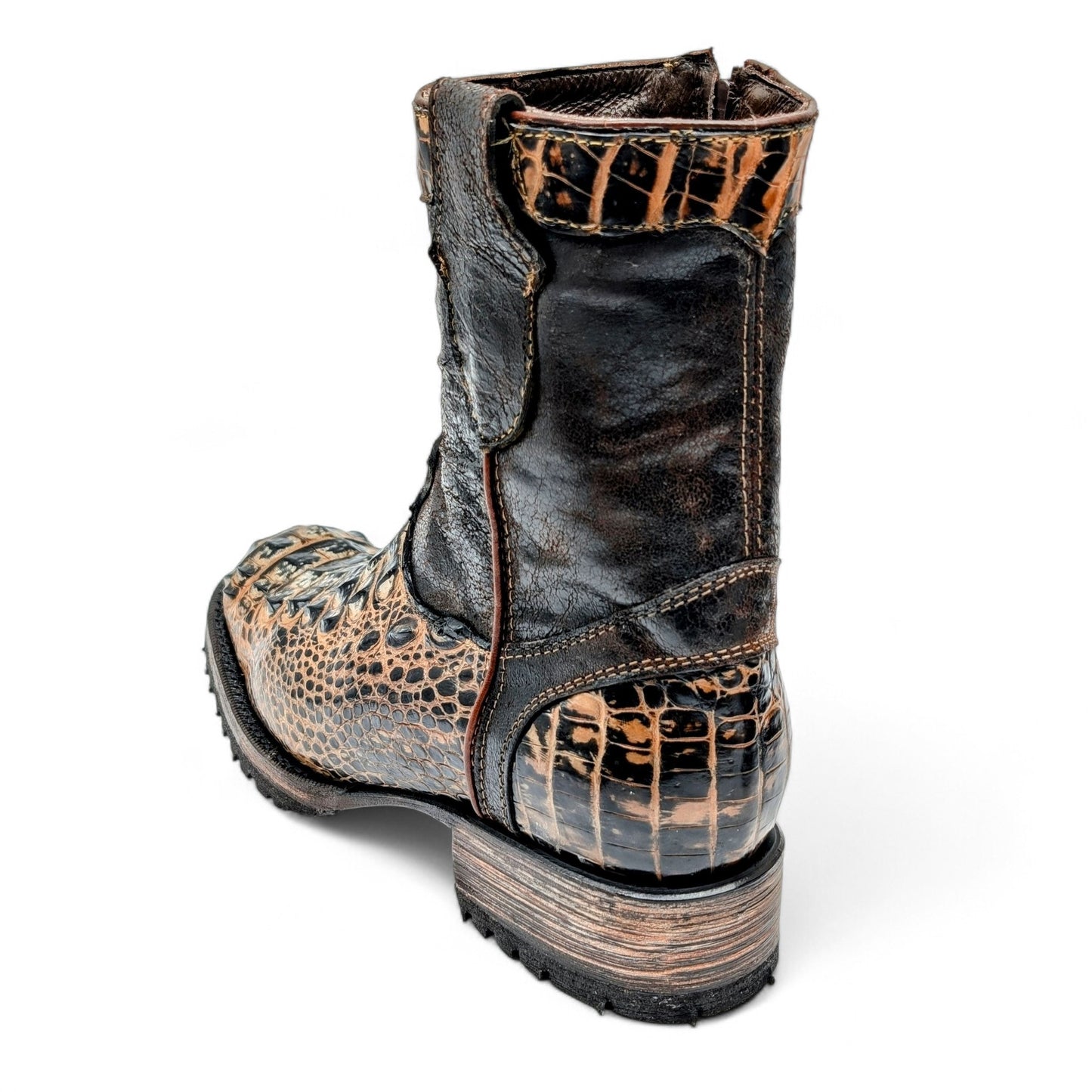 Sobek Leather – Men’s 14 US Genuine Alligator Hornback Cowboy Boots | Dubai Toe | Dark Brown Shaft | Goodyear Welt | Antique Lug Sole