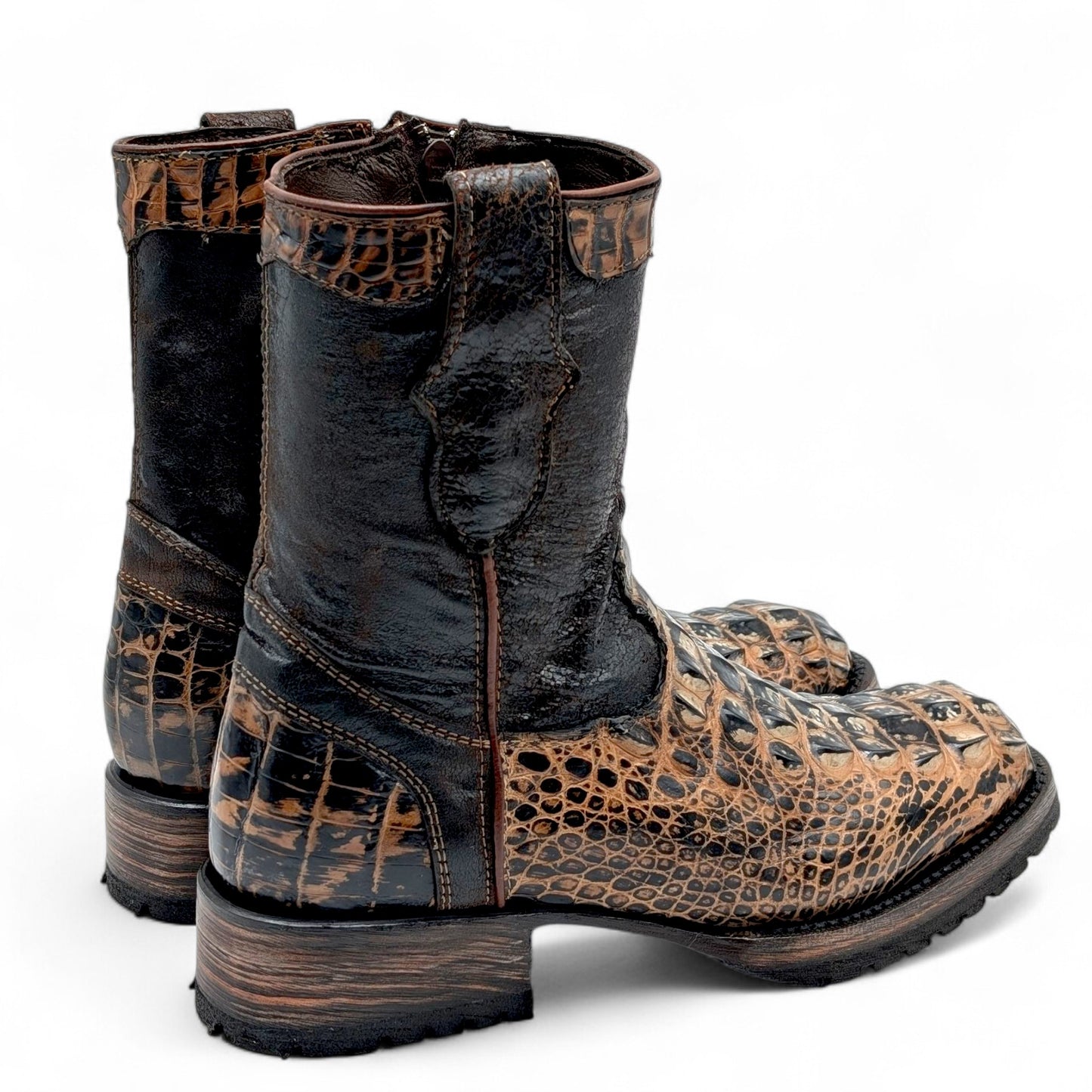 Sobek Leather – Men’s 14 US Genuine Alligator Hornback Cowboy Boots | Dubai Toe | Dark Brown Shaft | Goodyear Welt | Antique Lug Sole