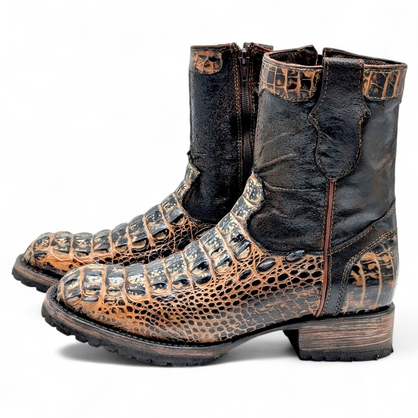 Sobek Leather – Men’s 14 US Genuine Alligator Hornback Cowboy Boots | Dubai Toe | Dark Brown Shaft | Goodyear Welt | Antique Lug Sole
