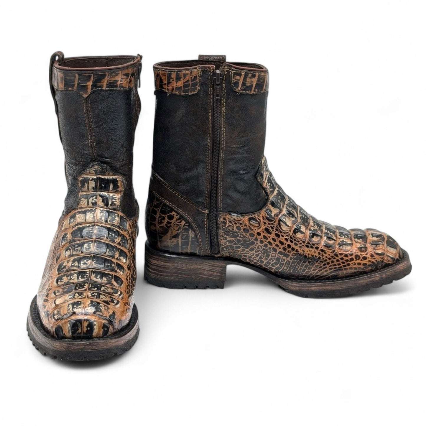 Sobek Leather – Men’s 14 US Genuine Alligator Hornback Cowboy Boots | Dubai Toe | Dark Brown Shaft | Goodyear Welt | Antique Lug Sole