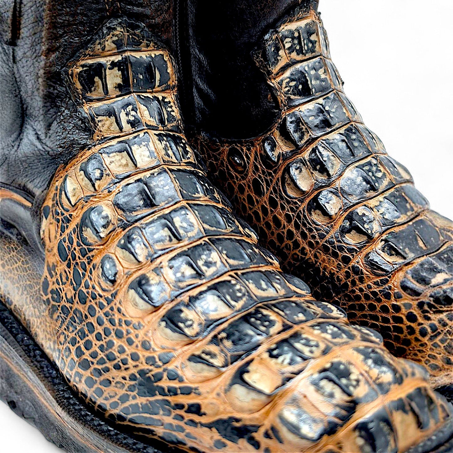 Sobek Leather – Men’s 14 US Genuine Alligator Hornback Cowboy Boots | Dubai Toe | Dark Brown Shaft | Goodyear Welt | Antique Lug Sole