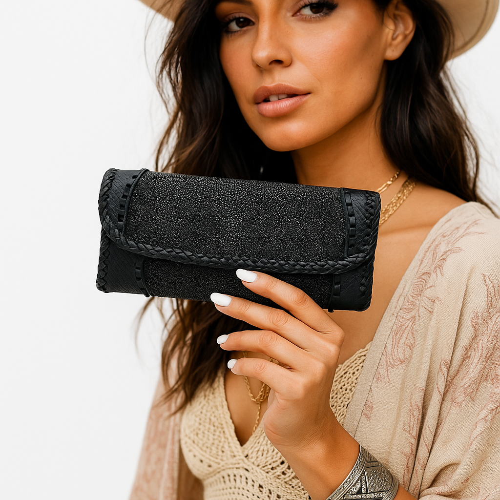 Stingray Leather Women's Wallet – Handmade Black Clutch with Coin Pocket, Mirror, Zipper & Card Slots