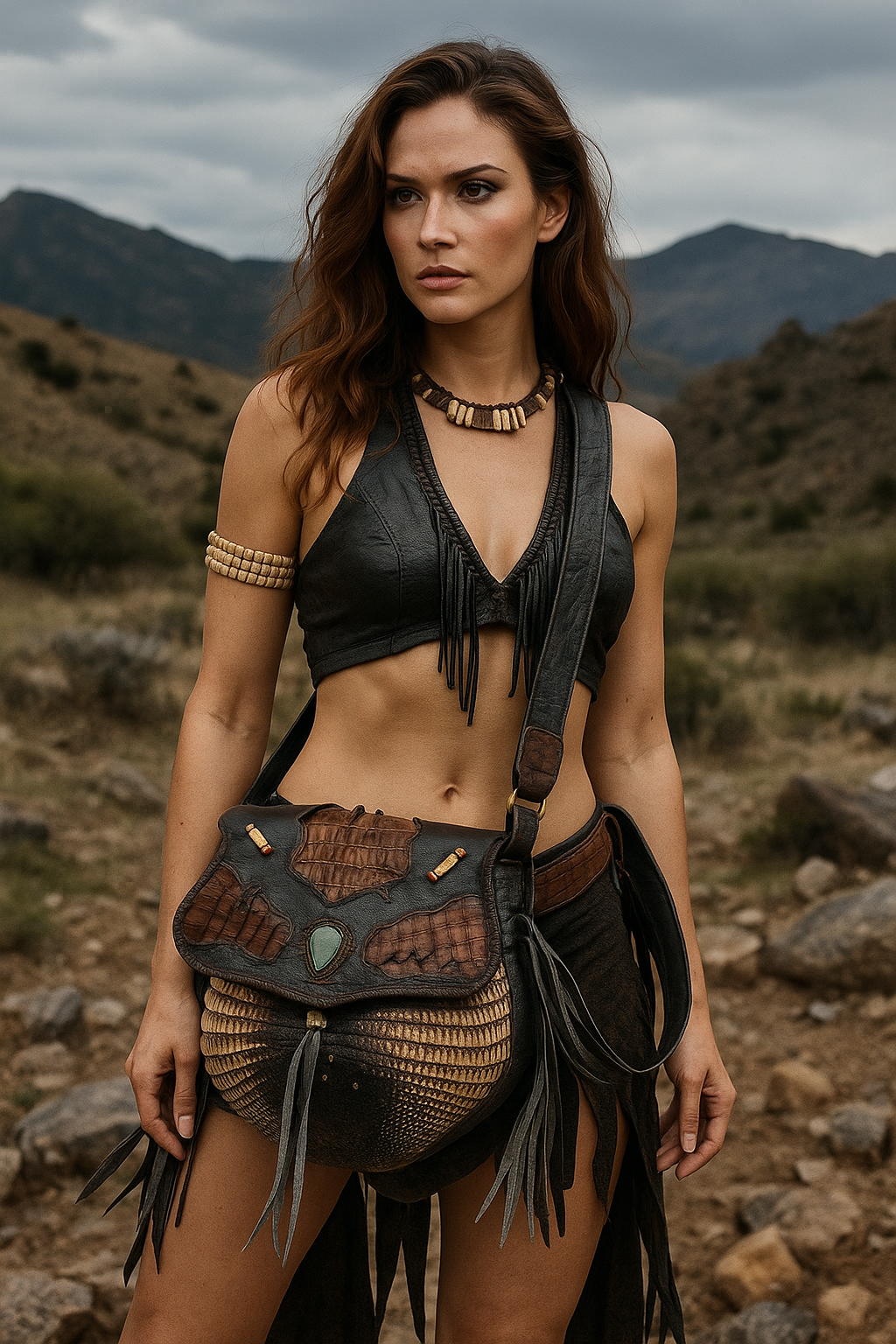 Bohemian Armadillo Shell Alligator Tail Flap Whipstitch Leather Bag with Turquoise Stone, Antler Bone Closure and Fringe