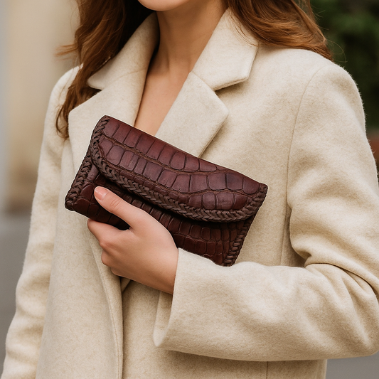 Coffee Brown Alligator Leather Clutch