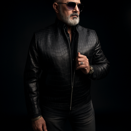 Men’s Black Alligator Leather Jacket – Luxury Exotic Skin Stand-Collar Bomber – Size XL