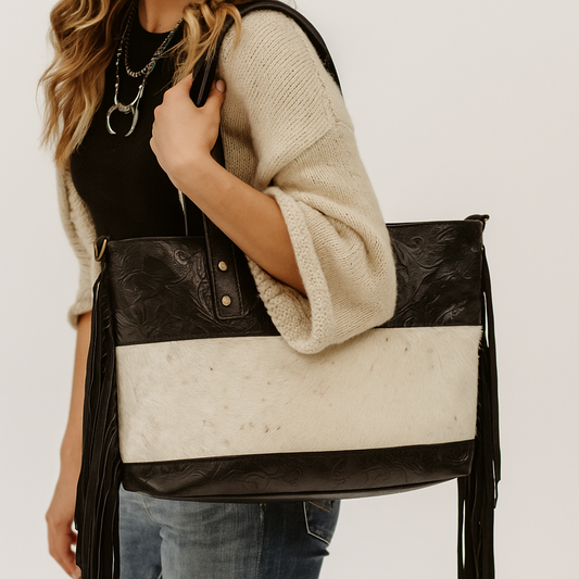 Black and White Cowhide Boho Chic Tote Bag with Fringe