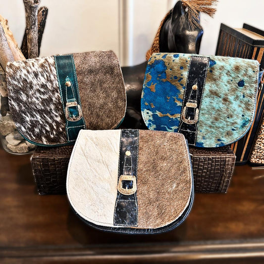 Speckled Denim Floral Tooled Leather Cowhide Crossbody Purse
