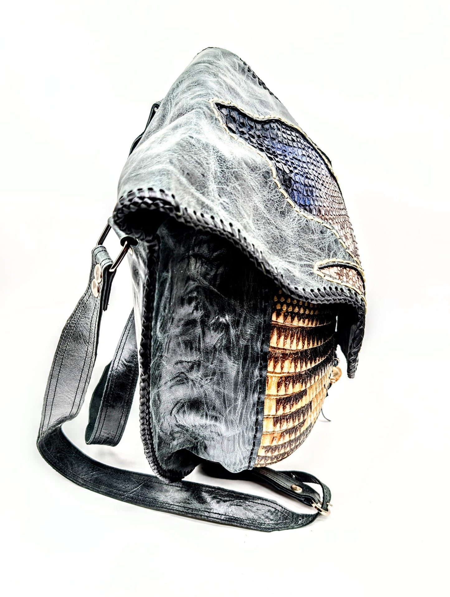 Bohemian Armadillo Snakeskin Whipstitch Leather Backpack with Antler Bone Closure,  Bohemian Bag with Armadillo Shell and Fringe Charm