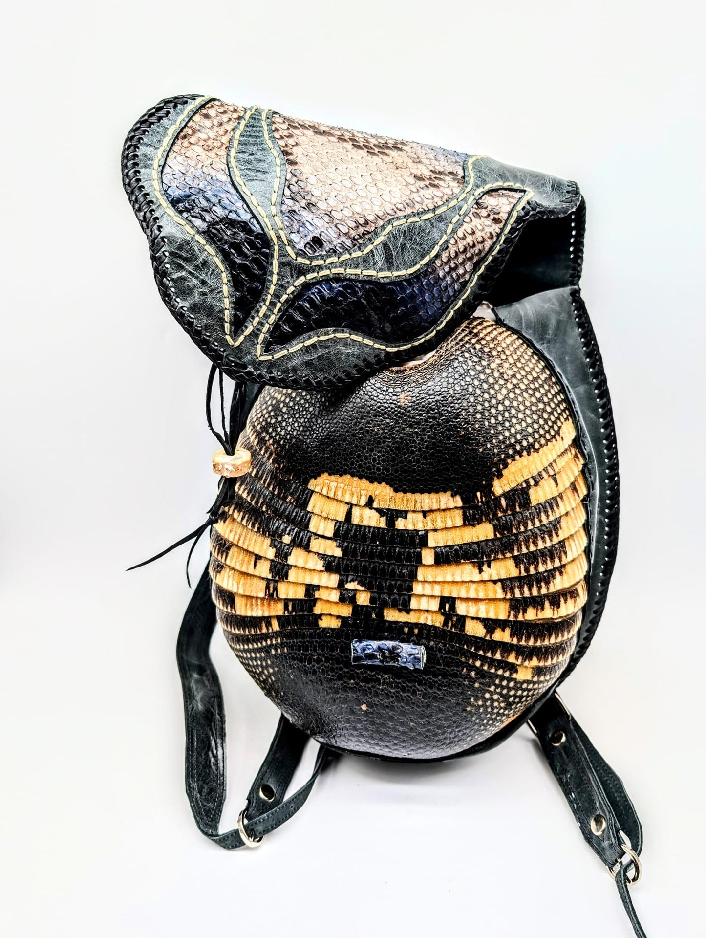 Bohemian Armadillo Snakeskin Whipstitch Leather Backpack with Antler Bone Closure,  Bohemian Bag with Armadillo Shell and Fringe Charm