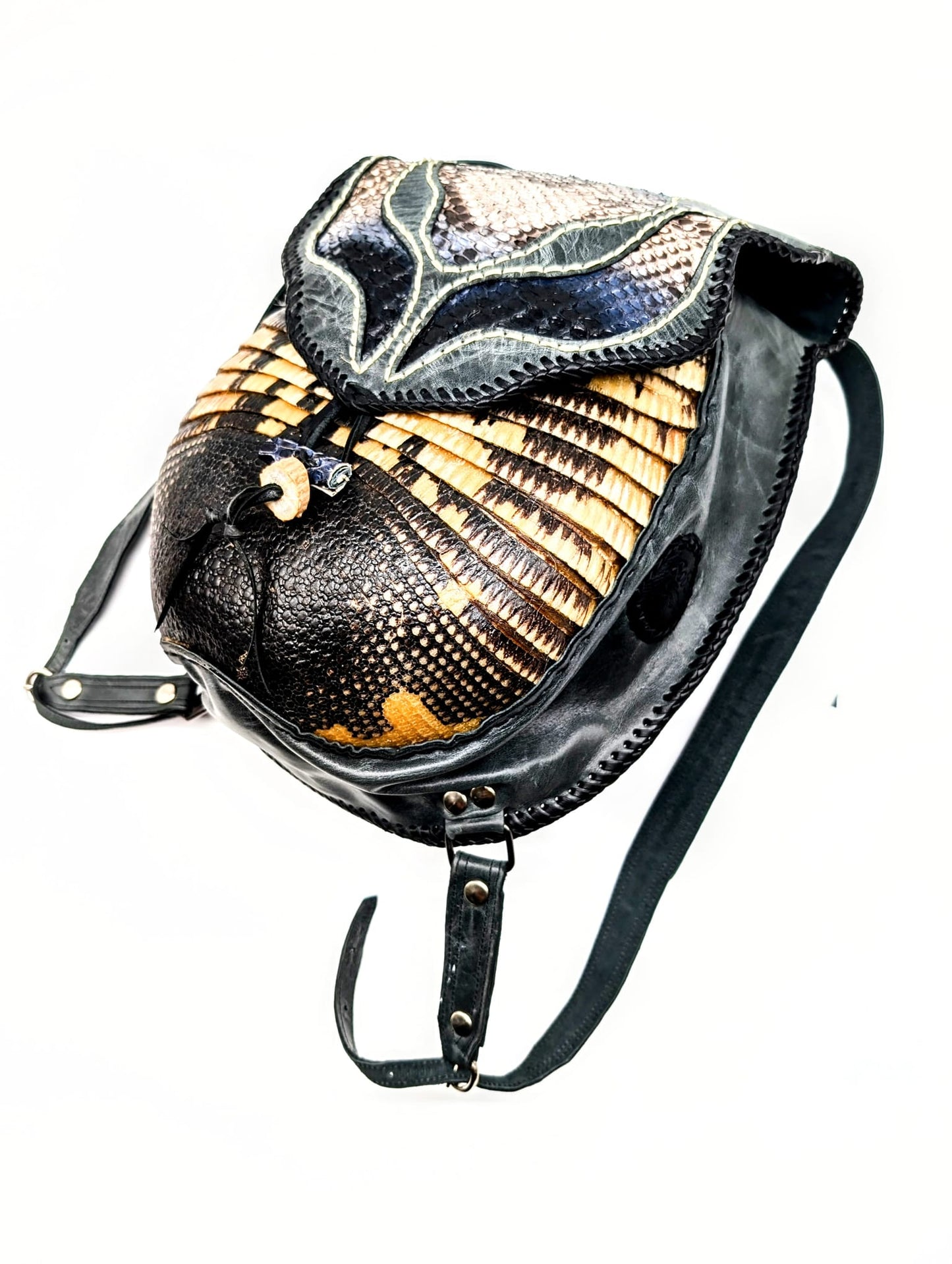 Bohemian Armadillo Snakeskin Whipstitch Leather Backpack with Antler Bone Closure,  Bohemian Bag with Armadillo Shell and Fringe Charm