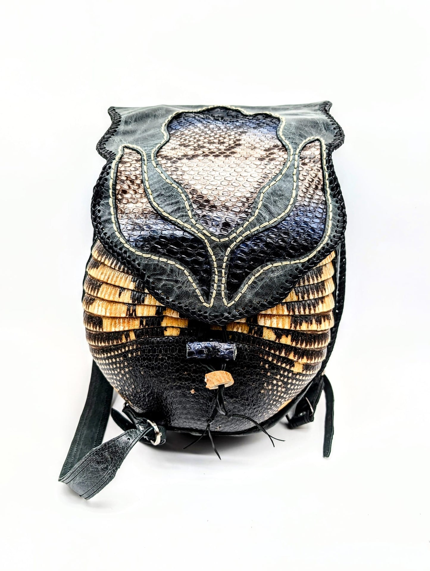 Bohemian Armadillo Snakeskin Whipstitch Leather Backpack with Antler Bone Closure,  Bohemian Bag with Armadillo Shell and Fringe Charm