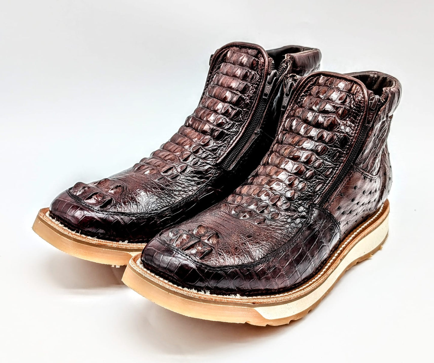 Men's Handmade Alligator Crown Hornback Skin and Ostrich Leather Goodyear Welt Ankle Boots by Sobek