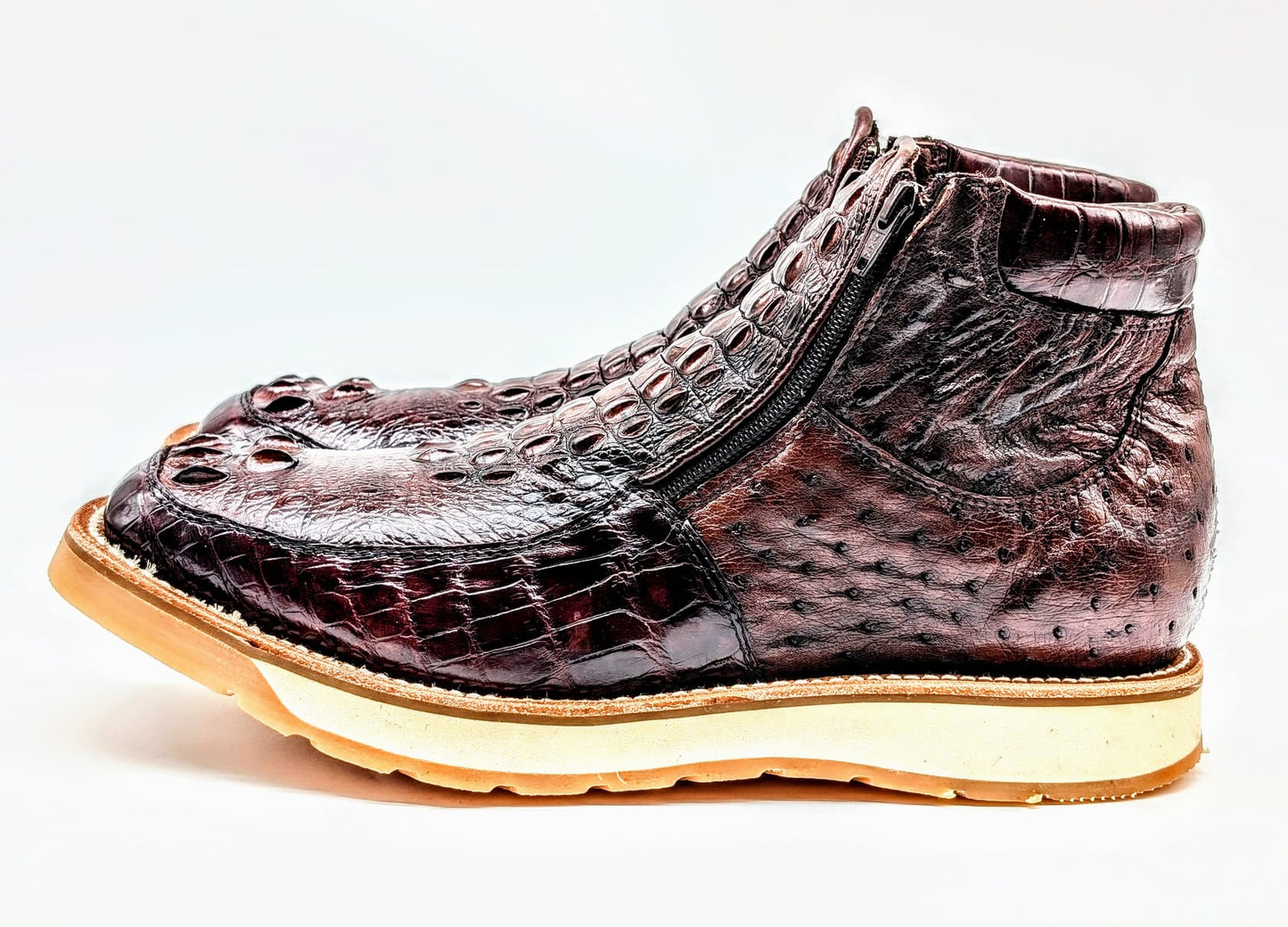 Men's Handmade Alligator Crown Hornback Skin and Ostrich Leather Goodyear Welt Ankle Boots by Sobek