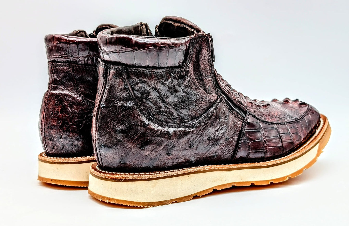 Men's Handmade Alligator Crown Hornback Skin and Ostrich Leather Goodyear Welt Ankle Boots by Sobek