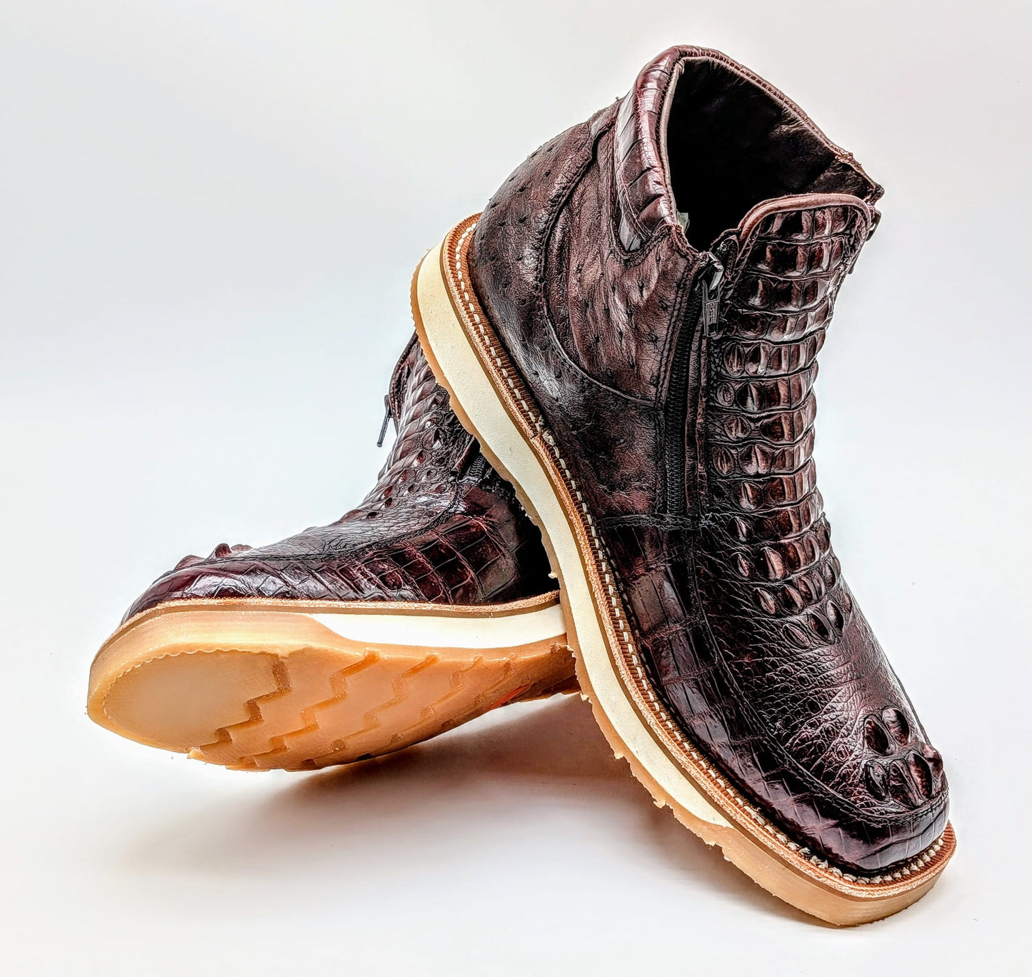 Men's Handmade Alligator Crown Hornback Skin and Ostrich Leather Goodyear Welt Ankle Boots by Sobek
