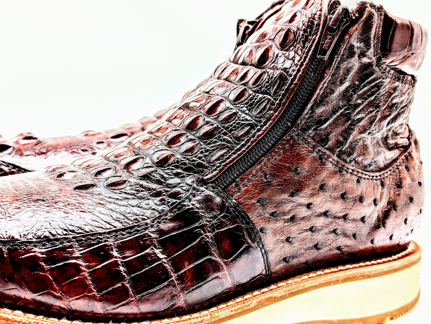Men's Handmade Alligator Crown Hornback Skin and Ostrich Leather Goodyear Welt Ankle Boots by Sobek
