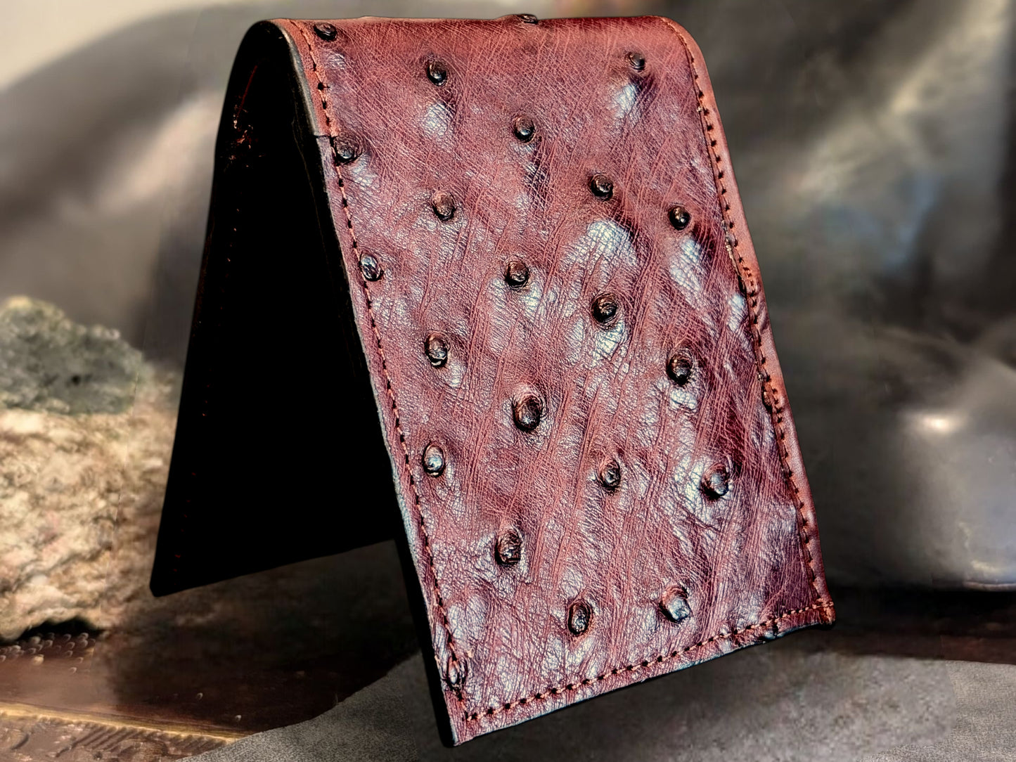 Genuine Ostrich Leather Bifold Wallet – Handmade Exotic Leather with ID Window & 6 Card Slots