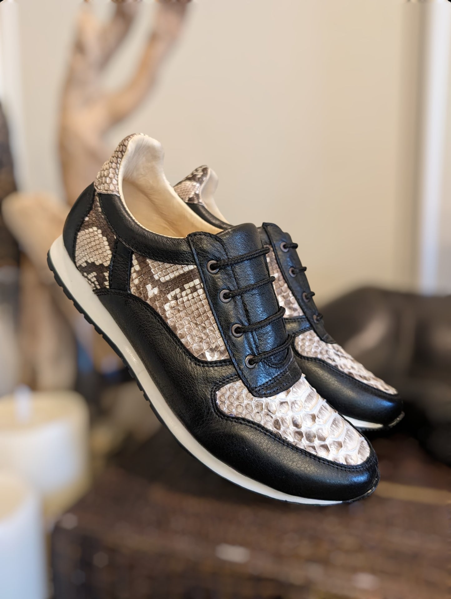 Natural Snakeskin and Black Leather Lace Up Tennis Shoes