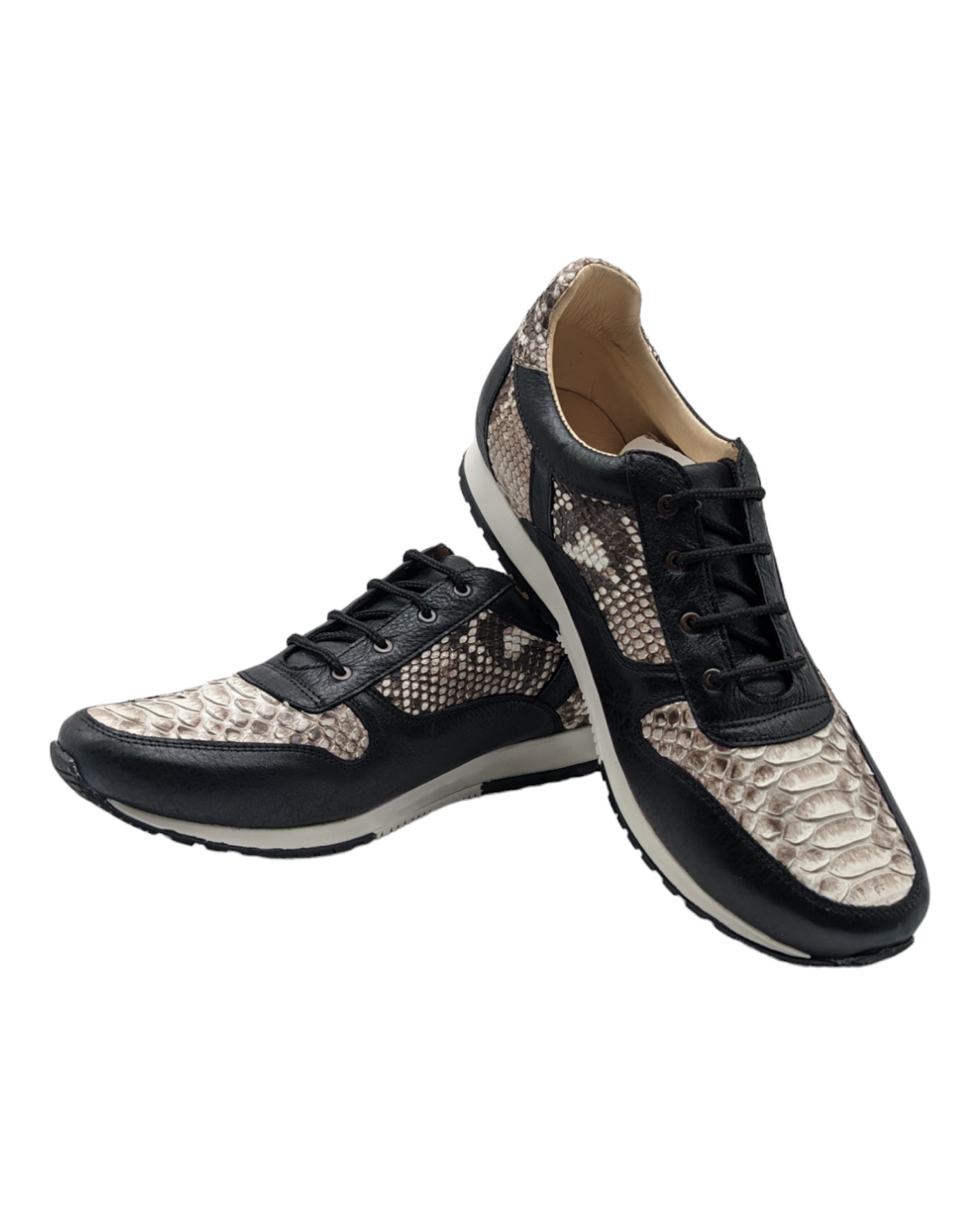 Natural Snakeskin and Black Leather Lace Up Tennis Shoes
