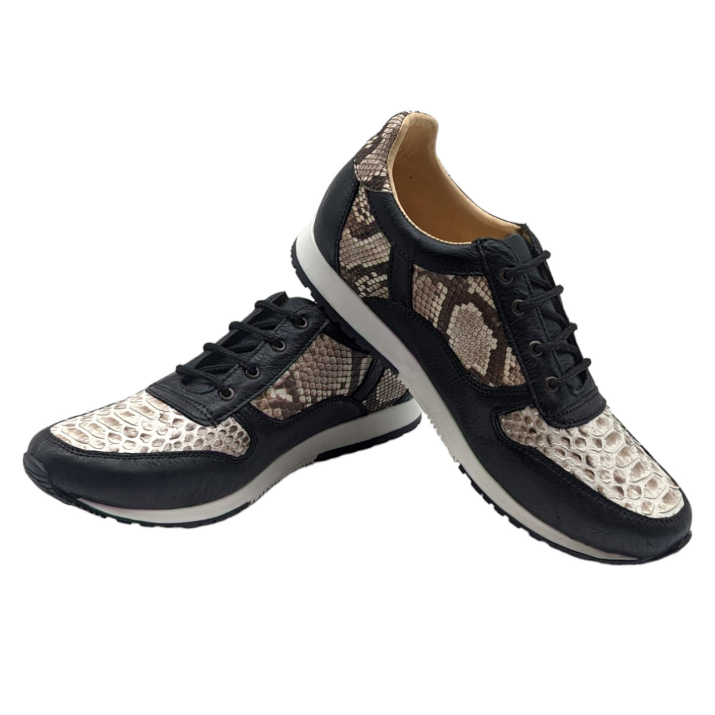 Natural Snakeskin and Black Leather Lace Up Tennis Shoes
