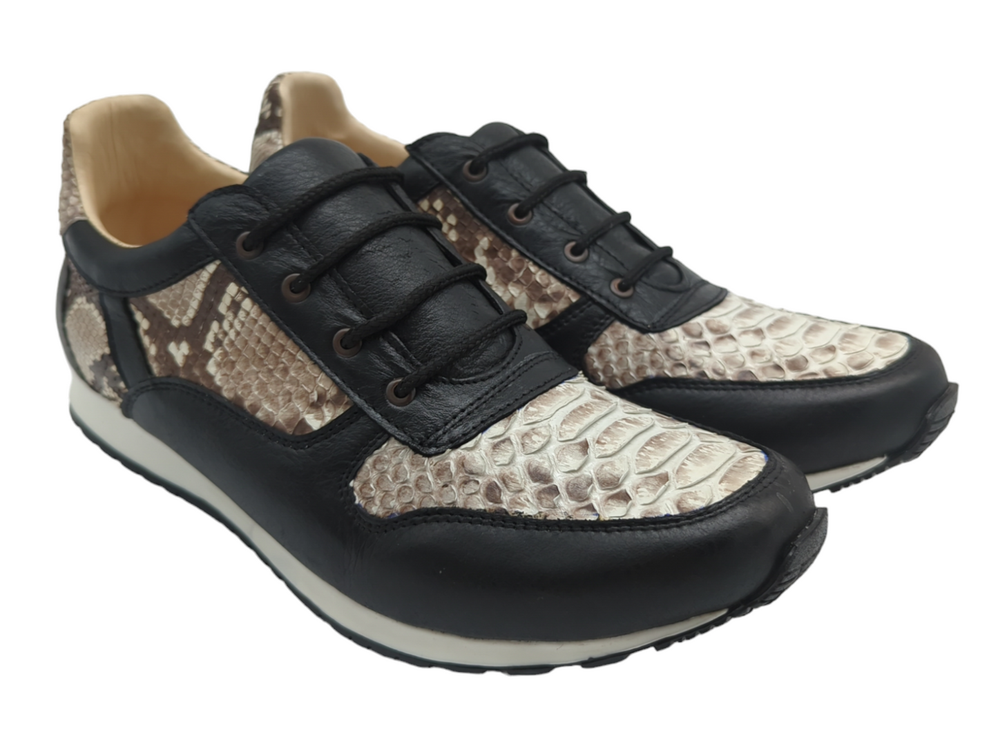 Natural Snakeskin and Black Leather Lace Up Tennis Shoes