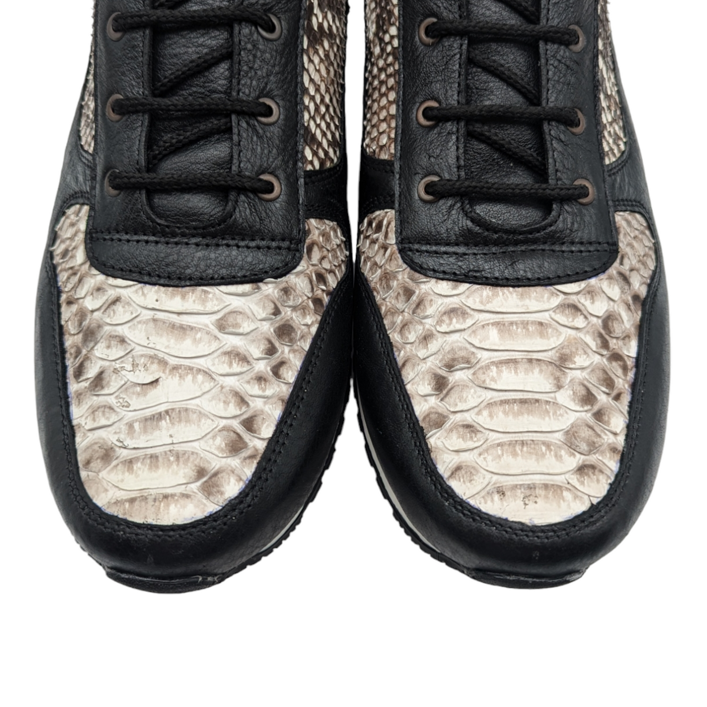 Natural Snakeskin and Black Leather Lace Up Tennis Shoes