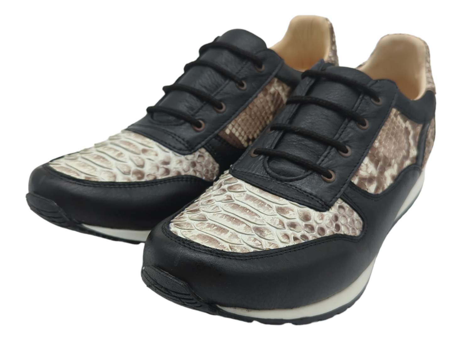 Natural Snakeskin and Black Leather Lace Up Tennis Shoes