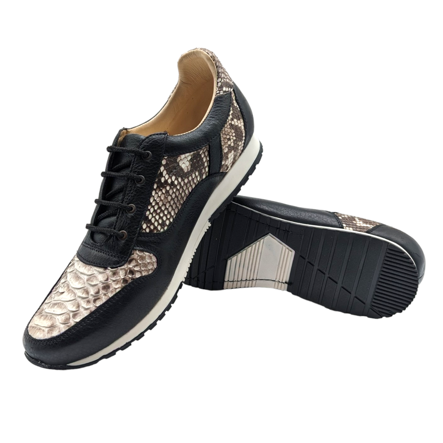 Natural Snakeskin and Black Leather Lace Up Tennis Shoes