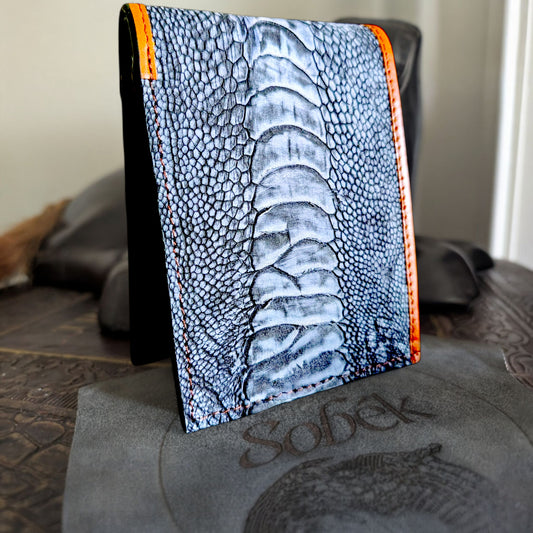 Genuine Ostrich Leg Bifold Wallet – Blue Jean Suede Finish | Handmade by Sobek