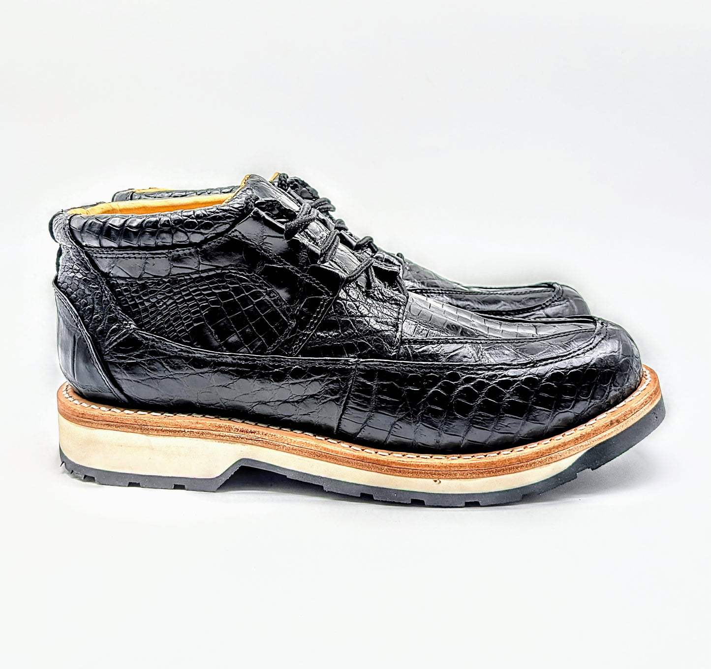 Men's Black Glazed Alligator Leather Goodyear Welt Ankle Boots with Non-Slip Foam Rubber Sole