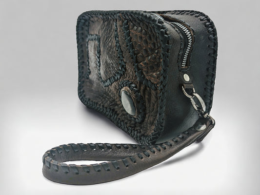 Alligator Patchwork Toiletry Bag with Obsidian Stone