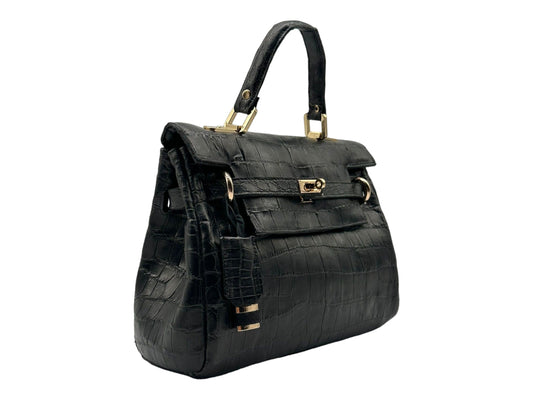 Vintage Black Kelly 28  Style Flap Handbag made from Alligator Leather, Luxury Handbag, Luxury Handmade Purse
