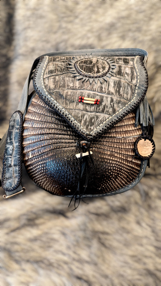 Bohemian Armadillo Shell Whipstitch Messenger Bag, Antler Bone Closure,  Handmade Bohemian Bag Alligator Leather and Fringe Purse Charm
