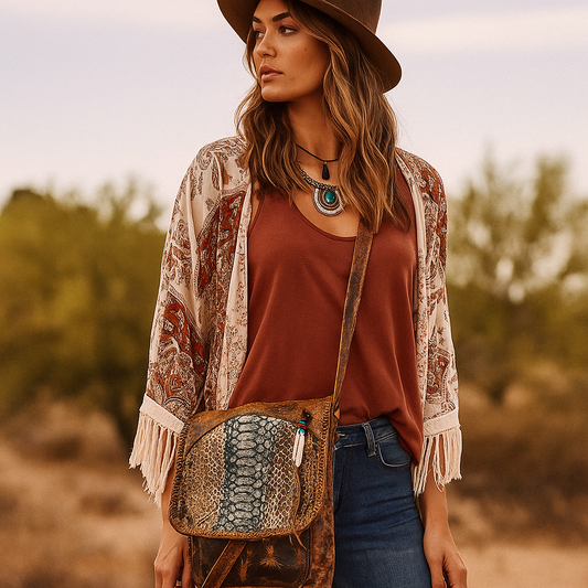 Woman in a desert setting wearing a brown hat, red top, and patterned cardigan with a brown bag.
