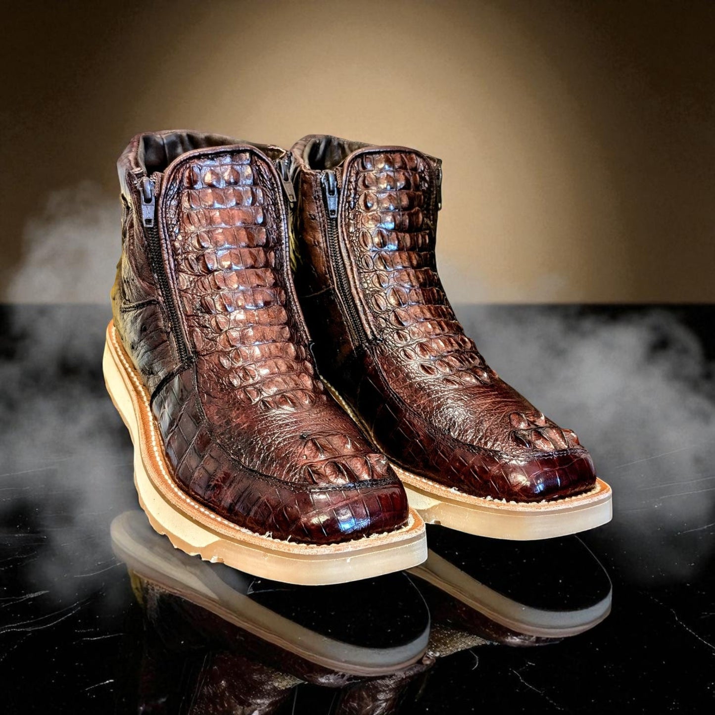 Men's Handmade Alligator Crown Hornback Skin and Ostrich Leather Goodyear Welt Ankle Boots by Sobek