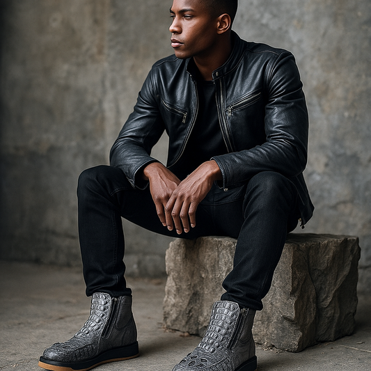 Man wearing a black leather jacket and boots sitting on a stone block against a gray wall.